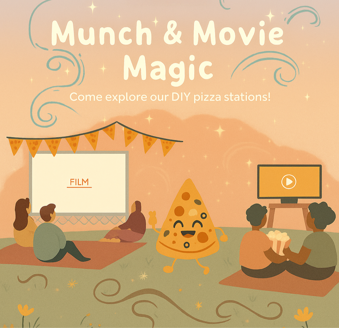 Poster of a pizza and movie night with an illustration of people watching a movie outdoors with a pizza character, featuring 'The Growth Garden' branding.