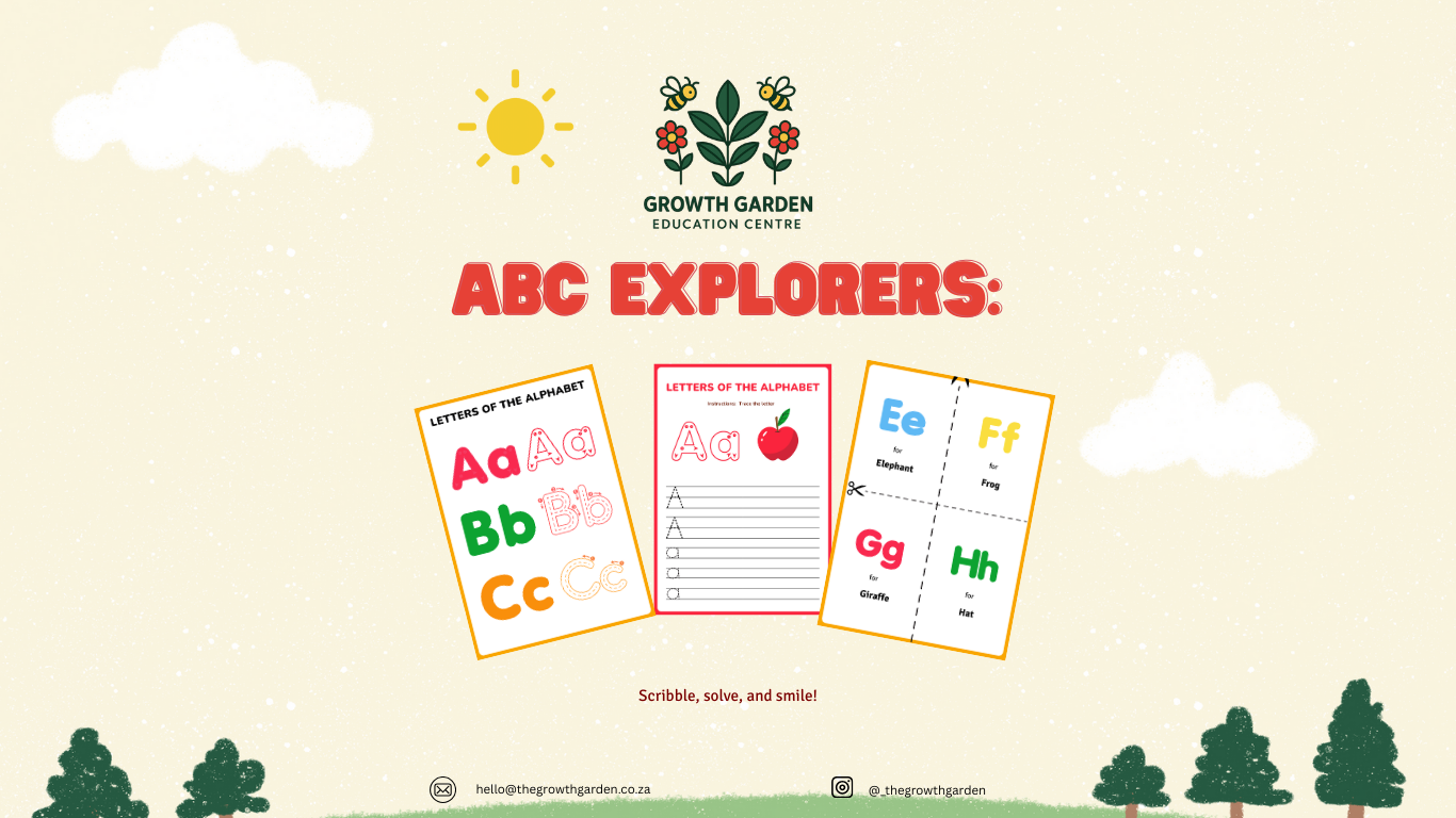 Educational posters for ABC Explorers with letters A to G on a beige background with trees and sun.