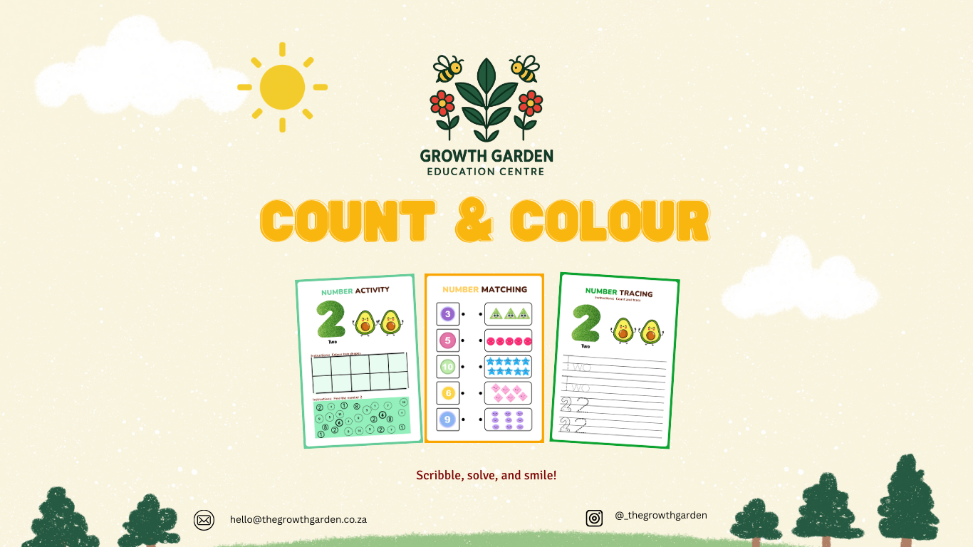 Promotional graphic for Growth Garden Education Centre's Count & Colour educational materials with two activity sheets and a sun icon on a light yellow background.